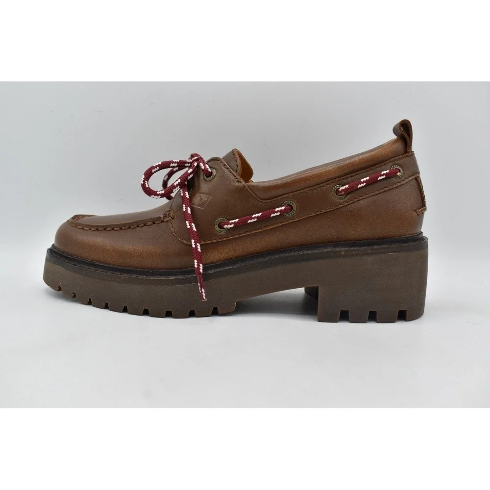 Sperry 2 Eye Women Size 8 Brown Leather Lug Slip On Boat Shoes Coquette Preppy
